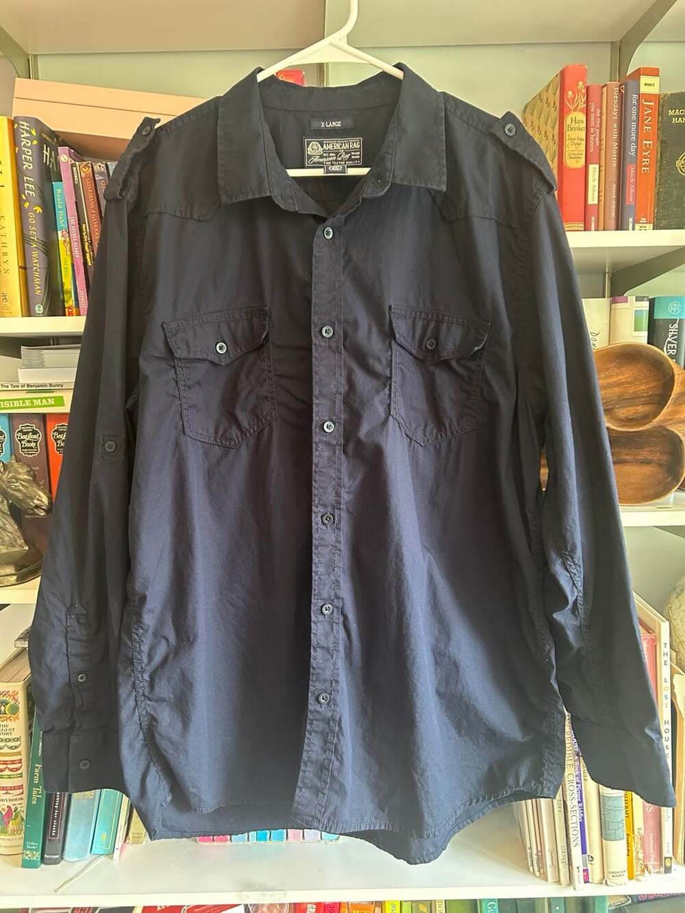 American Rag Men's Navy Blue Military-Style Button-Up Shirt with Epaulets